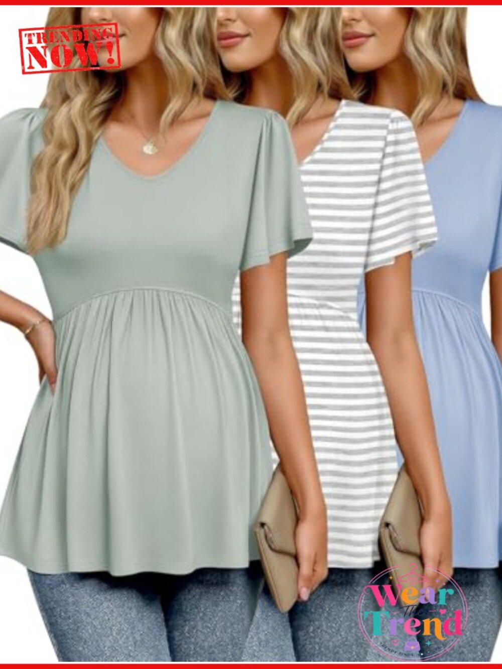 Maternity V-Neck T-Shirts 3 Pack Short Sleeve Pregnancy Tees Ruched Work Tops